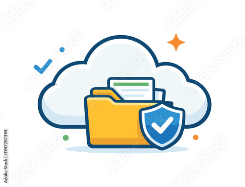 Cloud storage security with a folder and shield icon. Digital illustration of a yellow folder with documents inside, protected by a blue shield with a checkmark, set against a