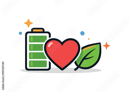 Personal energy management and balanced lifestyle habits supporting sustainable productivity and emotional wellbeing during busy routines, a simple battery icon beside a small heart and leaf