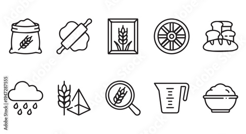 A collection of black and white icons related to baking and wheat