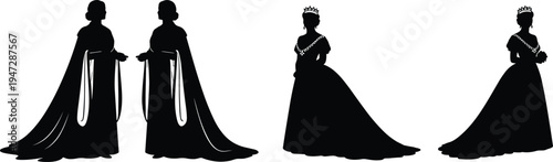 Royal silhouettes in ceremonial gowns, crowned figures illustration, elegant vector artwork depicting nobility, regal attire, formal ceremony inspiration