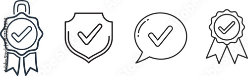 Four black and white icons with checkmarks on various shapes