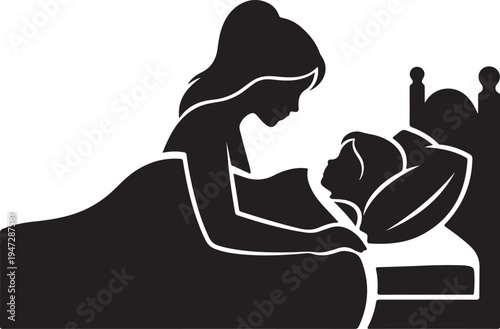 Woman Feeding Sleeping Baby Silhouette Illustration.