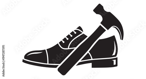 A black and white illustration of a shoe and a hammer crossed over each other.