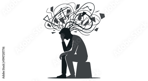 A man sits in distress with chaotic music notes swirling above his head in disarray.