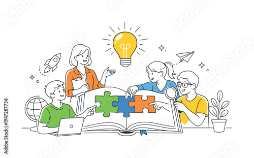 Children and teacher collaborating on puzzle pieces in an open book with a lightbulb overhead. A teacher guides students as they assemble puzzle pieces on an open book, symbolizing