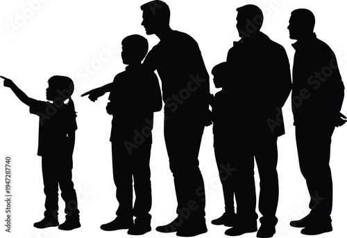 Human growth stages silhouette illustration, child to adult progression, generational development, aging concept, life cycle evolution, vector art design