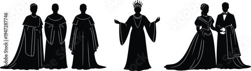 Royal silhouettes with crowned monarch raising arms, formal attire figures in ceremonial gathering, regal court scene, elegant noble illustration design