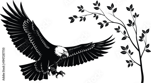 Silhouette of bald eagle in flight with wings spread and talons extended near tree branch, wildlife illustration emphasizing