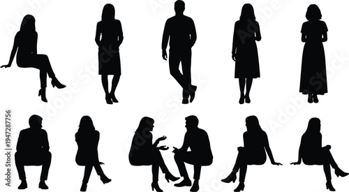 Vector illustration of silhouetted people in seated and standing poses symbolizing posture, gesture, identity, diversity, culture, tradition, inclusivity, heritage, and education