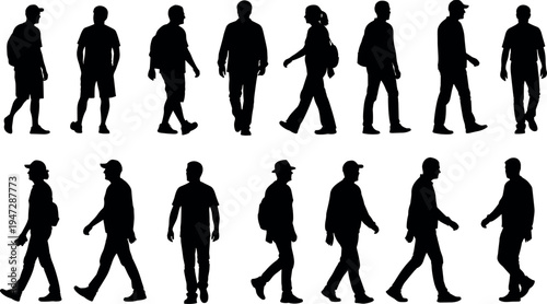 Black silhouette vector illustration of walking people in motion, diverse postures, clothing styles, accessories, human gait analysis concept