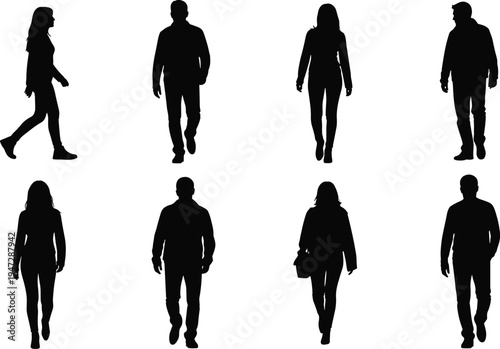 Vector illustration of silhouetted people walking in varied postures symbolizing movement, identity, diversity, culture, tradition, inclusivity, heritage, and education