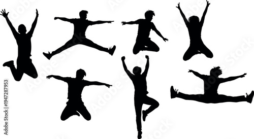 Silhouettes of people jumping in energetic poses, vector illustration showcasing joy, freedom, dance, exercise and expressive human movement artwork