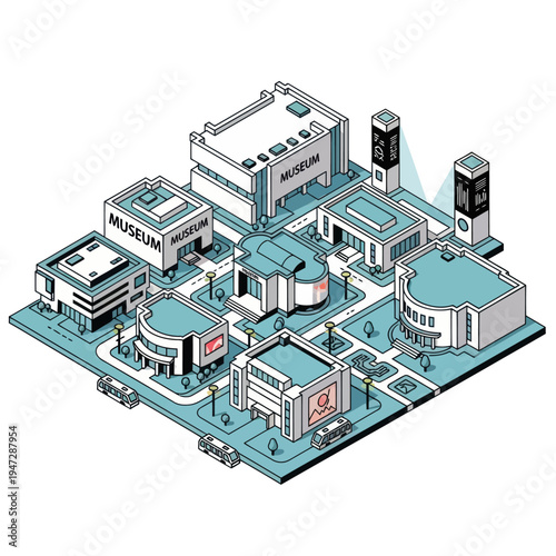 Isometric Cityscape Illustration with Museums and Modern Architecture.