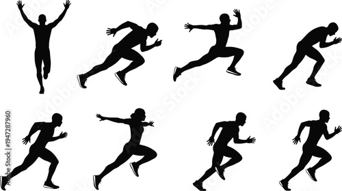 Running motion silhouettes progression, dynamic sprinting athlete poses, sports biomechanics illustration, fitness training concept, human movement cycle vector artwork