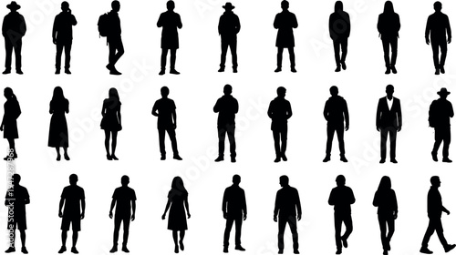 Black silhouette vector illustration showing diverse people in standing and walking poses, fashion styles, accessories, individuality, posture study, modern design