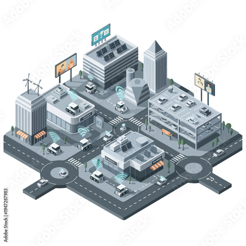 Isometric Smart City Illustration - Sustainable Urban Planning and Technology Integration.