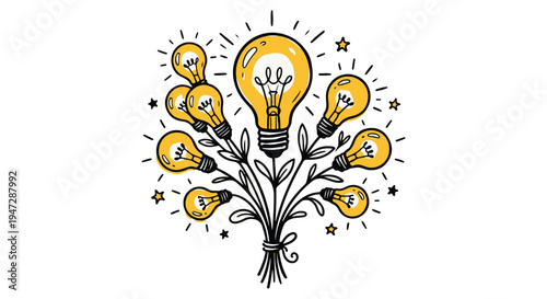 A creative illustration of a bunch of light bulbs with stars and lines on a Transparent Background