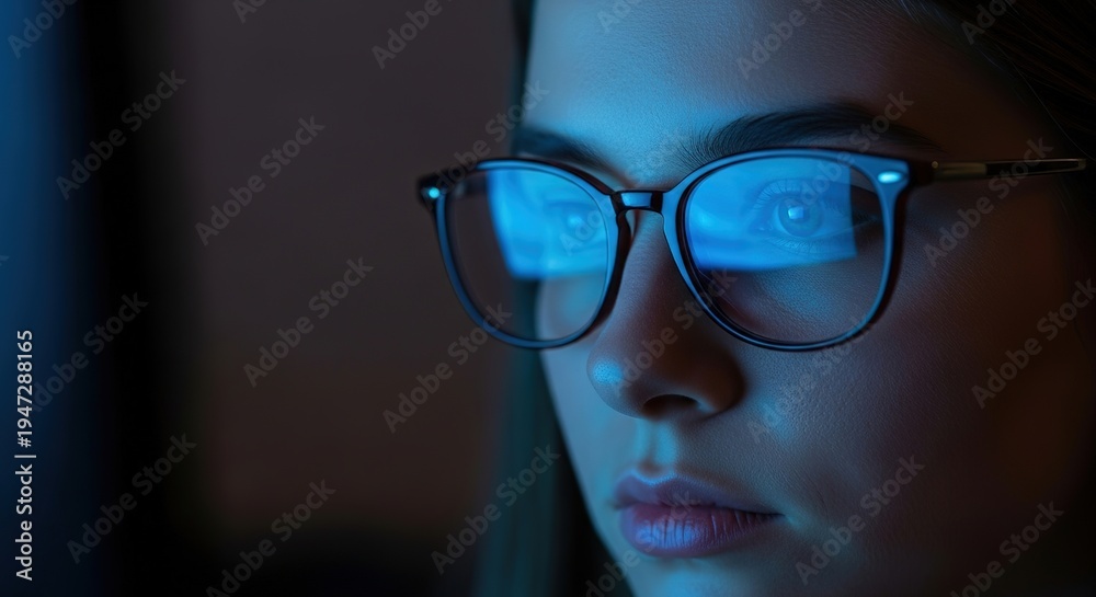 Fototapeta premium Woman wearing blue light glasses looking at screen for eye protection and health focus