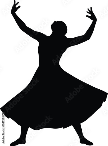 Silhouette of dancer in flowing dress with raised arms, expressive wide stance, artistic black illustration