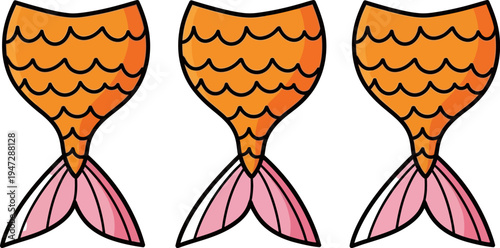 Three cartoon mermaid tails in orange and pink hues