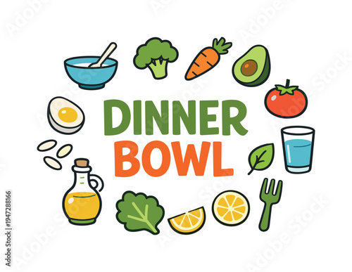 Dinner bowl with healthy ingredients and food icons arranged in a circle. A collection of fresh ingredients like broccoli, avocado, tomato, and lemon, surrounding the words "Dinner