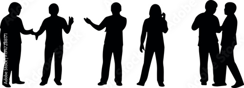 Silhouettes of people standing, shaking hands, pointing, talking and using phone, vector illustration showcasing communication, business and social interaction artwork