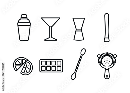 Barware icons set for cocktail making and drink preparation. A collection of minimalist line art icons representing essential tools for crafting cocktails and preparing beverages