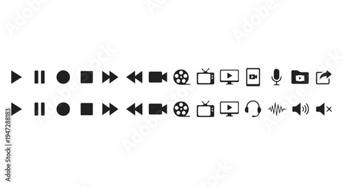 A collection of black video and audio icons on a Transparent Background for multimedia design