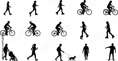 Black outdoor activity silhouettes, diverse people vector illustration, walking, jogging, bicycling, rollerblading, skateboarding, stroller, dog walking icons