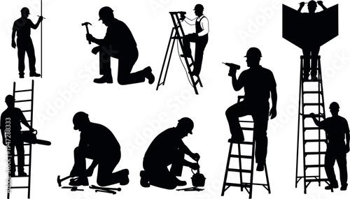 Black silhouette workers using ladders and tools, construction figures, occupational safety artwork, maintenance tasks illustration vector design