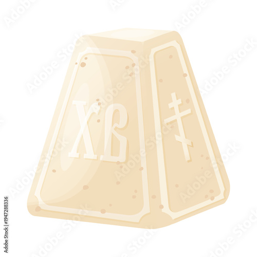 Traditional cottage cheese Easter pyramid with XB letters and cross. Flat pastel vector illustration. Religious holiday symbol object. Suitable for greeting cards, church materials, packaging design