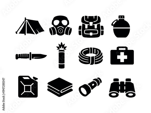 Survival gear icons: tent, gas mask, backpack, canteen, knife, dynamite, rope, first aid kit. Collection of black survival and emergency equipment icons including a tent, gas mask