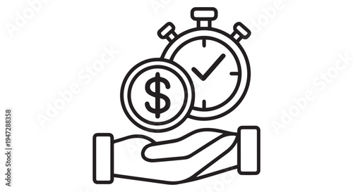 A hand holding a dollar coin and a stopwatch, symbolizing time is money
