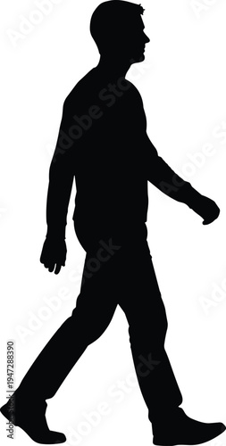 Silhouette of man walking forward, vector artwork depicting human movement, posture design, simple illustration of stride and motion