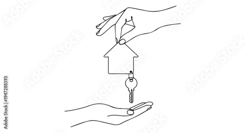 A hand holding a house key with another hand receiving it in a simple line drawing