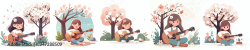 vector of a enjoy little girl sitting on tree playing guitar in spring