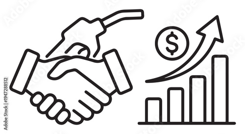 A handshake between two business partners with a growing graph and dollar sign in the background