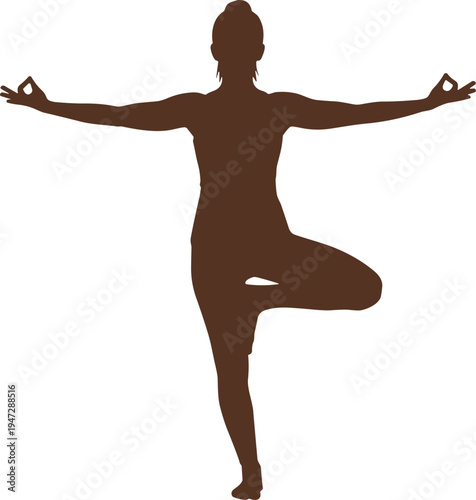 Vector illustration of silhouetted person performing yoga Tree Pose symbolizing balance, mindfulness, identity, diversity, culture, tradition, inclusivity, heritage, and education
