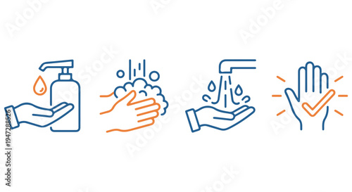 Four hand hygiene icons illustrating handwashing steps for cleanliness and health