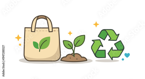 Eco-friendly lifestyle with reusable bag, plant growth, and recycling symbol. Illustration representing sustainability, environmental consciousness, and a commitment to a greener