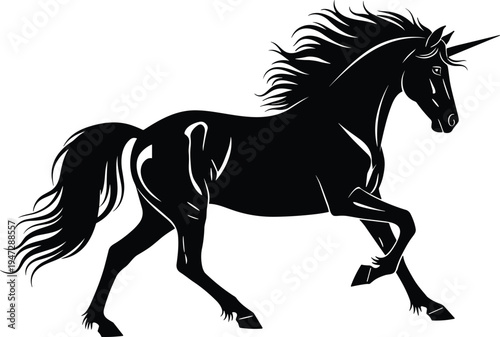 Running unicorn silhouette with flowing mane and tail, dynamic mythical creature vector illustration design for fantasy artwork themes