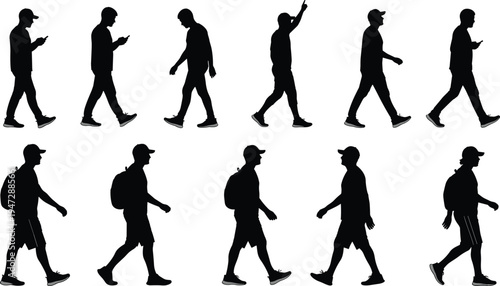 Vector illustration of silhouetted person walking in diverse poses with and without backpack symbolizing posture, gesture, identity, diversity, culture, tradition, inclusivity, heritage, and education