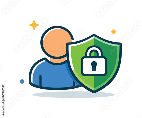 User privacy and data security concept with a person and a shield icon. Illustration of a person protected by a shield with a lock, symbolizing data protection and privacy