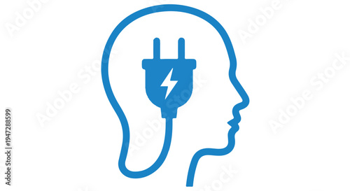 A blue icon of a human head with an electrical plug inside, symbolizing a bright idea or innovation