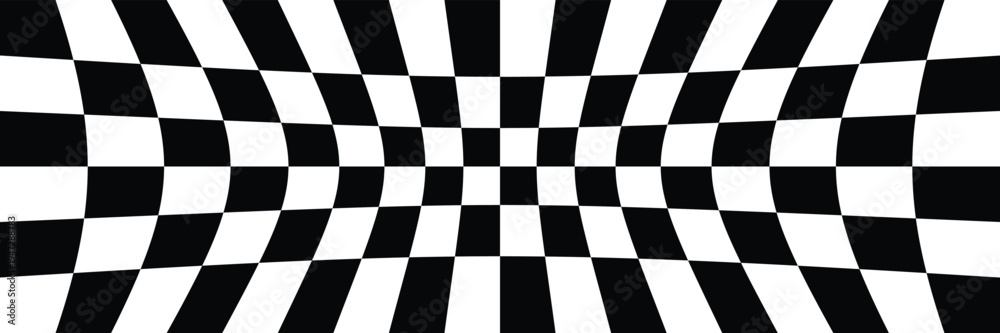 Obraz premium Black and white checker pattern vector illustration. Wave chess board. Abstract checkered checkerboard for game. Grid geometric square shape. Race flag. Retro mosaic floor