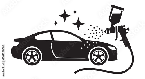 A black silhouette of a car being painted with a spray gun and sparkles