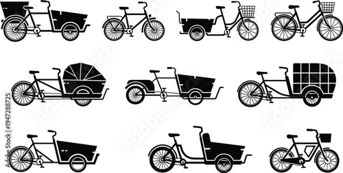 Cargo bicycle silhouettes, urban transport bike designs, eco delivery artwork, basket box compartment illustration, black white cycling figure set