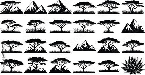 Acacia tree mountain silhouettes, grass succulent artwork, nature landscape design, black white illustration set, stylized ecosystem figure collection