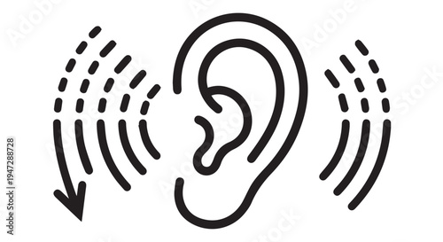 A black and white illustration of a human ear hearing sound waves