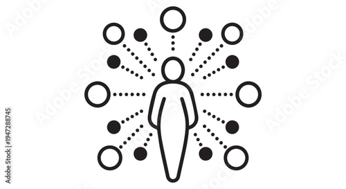 A person surrounded by connected circles representing social connections and relationships